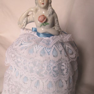 Porcelain Half Doll Pin Cushion White Blue Lace Dress