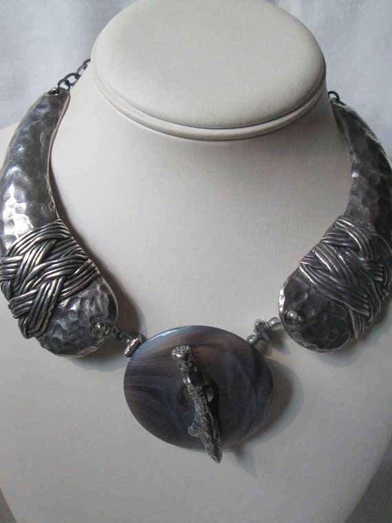 Signed Paris Hammered Silver Agate Brutalist Mode… - image 1