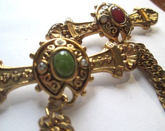 1970s Gold Plated Cabochon Green Red Rhinestone Chatelain Brooch