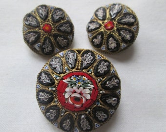 Early 1900s Micro Mosaic flower Brooch clip Earrings SET