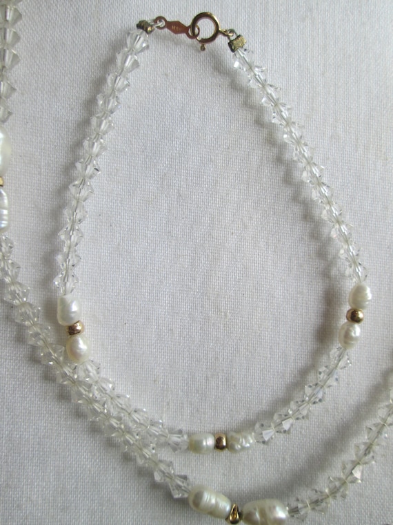 Crystal Pearl 14k solid Gold Necklace Bracelet SET - image 1