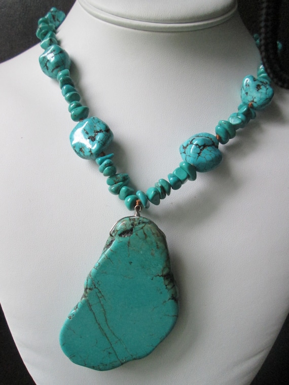 Howlite Turquoise Stone Chip Slab Sterling Necklac