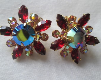 Beau Jewels Red AB Rhinestone Clip Flower Earrings