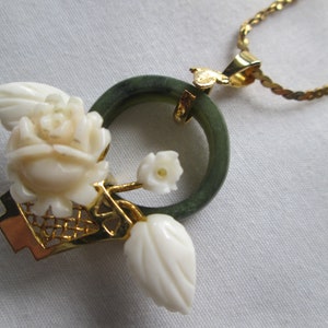 Jade Coral Rose Flower Gold Plated Pendant Necklace