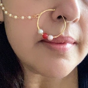 Bollywood wedding Nose Ring with pearl chain /Clip On Nose Ring/ Gold Nose Ring/ Nath/ Indian Nose Ring/ Pearl Nose Ring/ bridal Jewelry