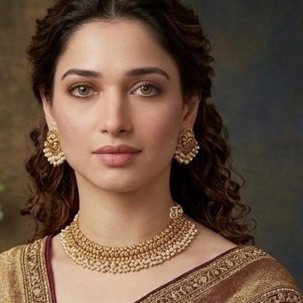 Gold indische Choker Halsketten-Set: Perlenstempelschmuck