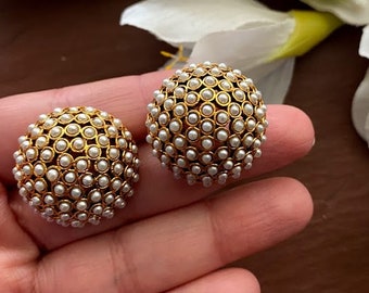Pearl Kundan Studs: Antique Gold Indian Earrings