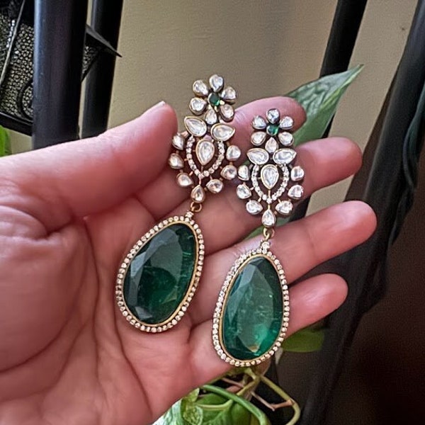 Emerald green Diamond Earrings/Doublet Victorian earrings/Cocktail earrings/Statement Earrings/CZ /Pakistani/Sabyasachi /Indian Jewelry