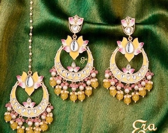Kundan Tikka and Earrings Set/ Yellow Meenakari Indian Wedding Jewelry/ Haldi jewelry/ Mehandi jewelry/ Bridal Jewelry/ yellow Enamel tikka