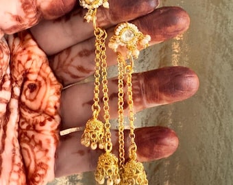 Chandelier Earrings/Matte Gold Jhumkas/ Kundan earrings/Jhumkas/ Gold earring/Indian earrings /pearl jhumkis /indian jewelry/Temple Jhumka