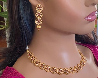 Gold-Plated Polki Choker Set: Ruby Indian Bridal Jewelry