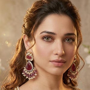 May include: Close-up of a woman wearing ornate earrings and a cream-colored top. The earrings feature red gemstones and small white pearls. The top has gold embroidery and the text "ERA JEWELS" at the bottom.