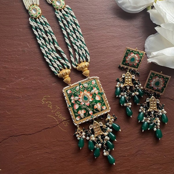 Kundan Long Necklace / Green Jadau Necklace/ Minakari Necklace/ Pearl Mala /Indian Jewelry/ Indian Necklace  /Sabyasachi /Statement necklace