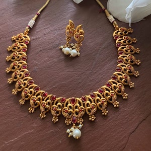 Gold Necklace /Matte Gold copperish  gold Necklace/ Indian Choker/South Indian Necklace/Kemp Necklace/ Indian Jewelry/peacock Gold Necklace