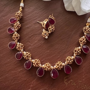 Kemp Ruby Necklace/Guttapusalu Necklace/Temple necklace/South Indian choker necklace/Wedding jewelry/Temple jewelry/Necklace