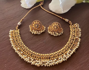 Gold Necklace Set/Pearl choker/Indian Choker Necklace/ Pearl Necklace / guttapusalu necklace /temple jewelry/ South Indian jewelry/Amrapali/