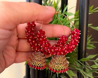 Gold Jhumka Hoop Earrings: Indian Bali Baali with Peach Beads