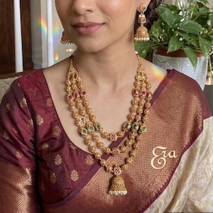 Gold Necklace/3 Layer Indian necklace /Matar Mala/ Gold Ball Necklace/Long Gold necklace/Beaded gold chain/Indian jewelry/Pakistani jewelry