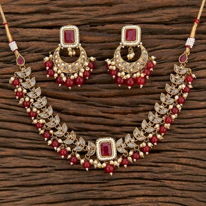 Ruby Red Necklace / Antique Gold Necklace/ Indian Choker/south
