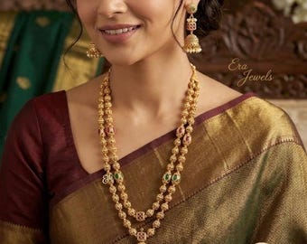 Gold Plated Beaded Necklace & Earrings, Indian Jewelry Set
