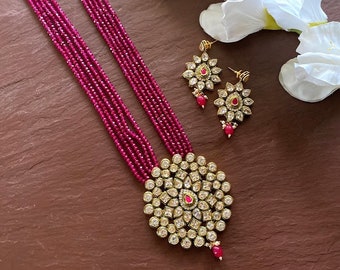 Lange Polki Halskette | Indische lange Halskette | Pakistanischer Schmuck | Kundan Lange Halskette Mala |Indischer Schmuck| Grüne Halbedelstein Perlen Halskette |