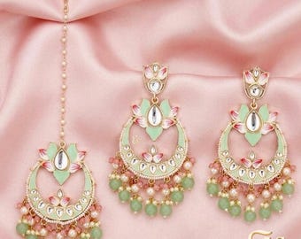 MeenaKari kundan tikka and earrings set/Maangtikka set/tikka set/Mint Green tikka earrings/Kundan tikka set/Indian wedding jewelry/Pakistani