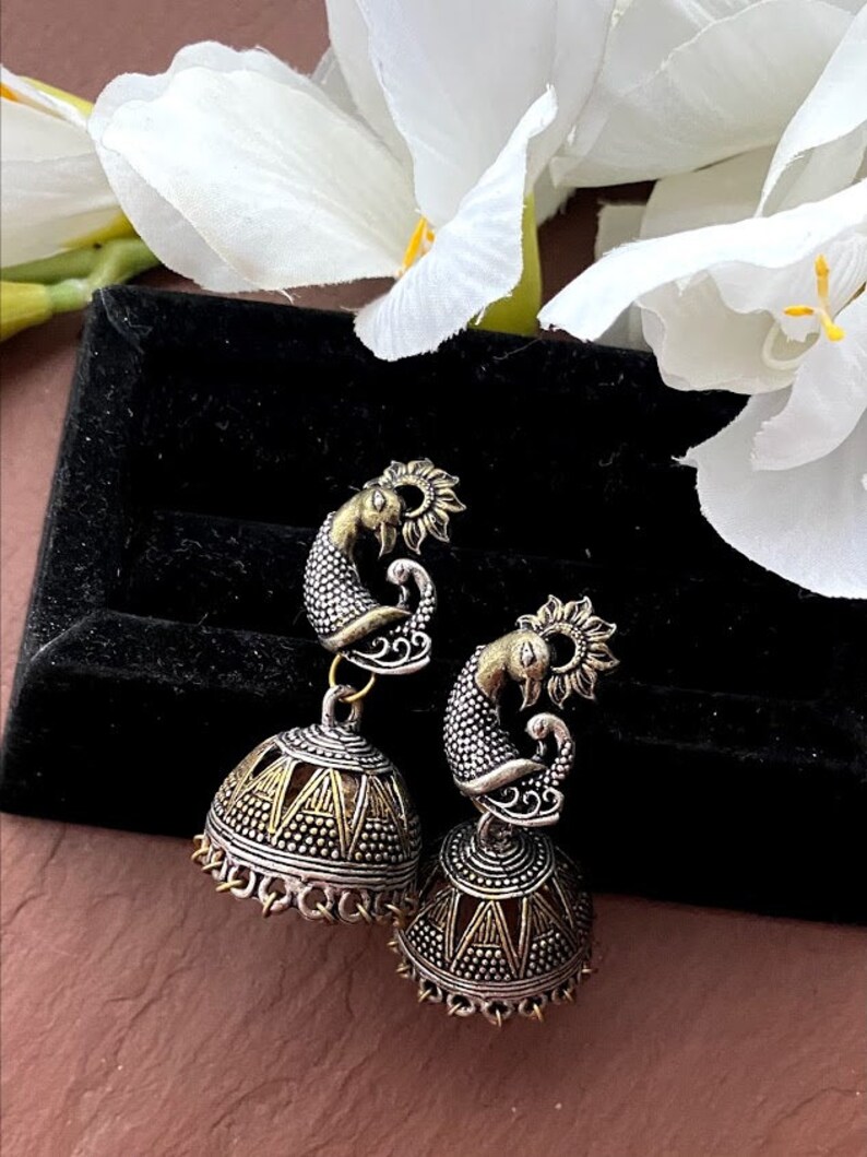 Oxidized jhumka Two tone earrings Silver jhumkasPeacock gold jhumkas Indian jewelry jhumka earring Boho Earrings Bohemian jewelry