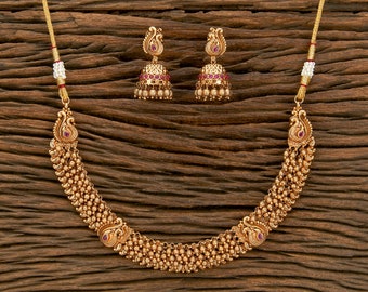 Matte Gold Necklace /Indian Gold Necklace Set/ Indian Choker Necklace/Ghungroo Necklace /temple jewelry/ South Indian jewelry/Jhumkas
