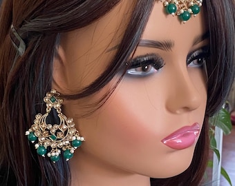 Polki Earrings and Tikka Set: Antique Gold Indian Wedding Jewelry