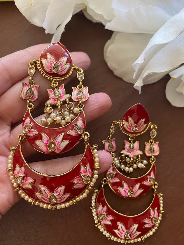 Kundan Earrings maroon Red Earrings meenakari Earrings Etsy