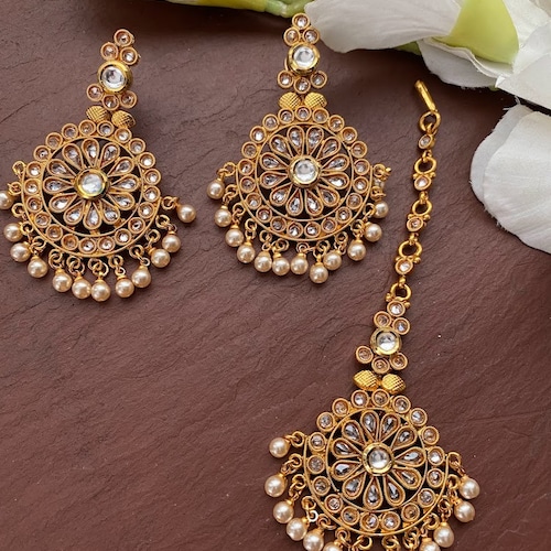 Kundan Earrings Tikka Set Indian Sabyasachi Jewelry Maang Etsy