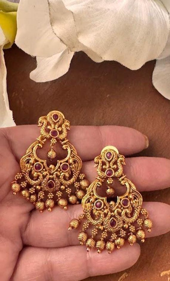 Matte Gold Plated Temple Earrings: South Indian Amrapali Peacock Studs