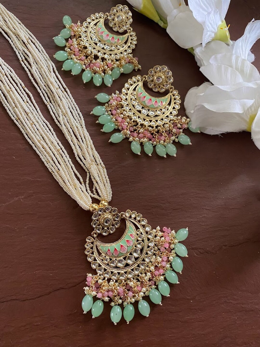 Peach Pearl Kundan Long Necklace meenakari Necklace beaded - Etsy