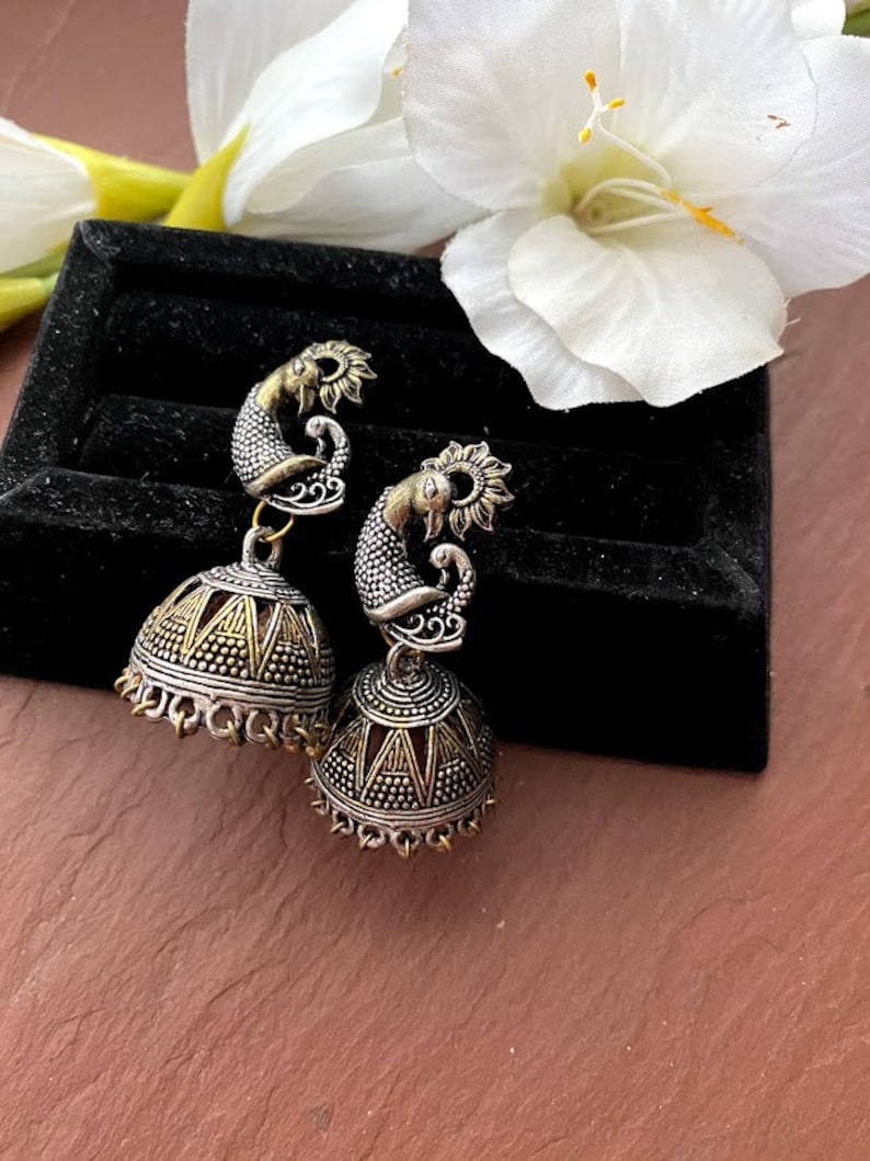 Oxidized jhumka Two tone earrings Silver jhumkasPeacock gold jhumkas Indian jewelry jhumka earring Boho Earrings Bohemian jewelry