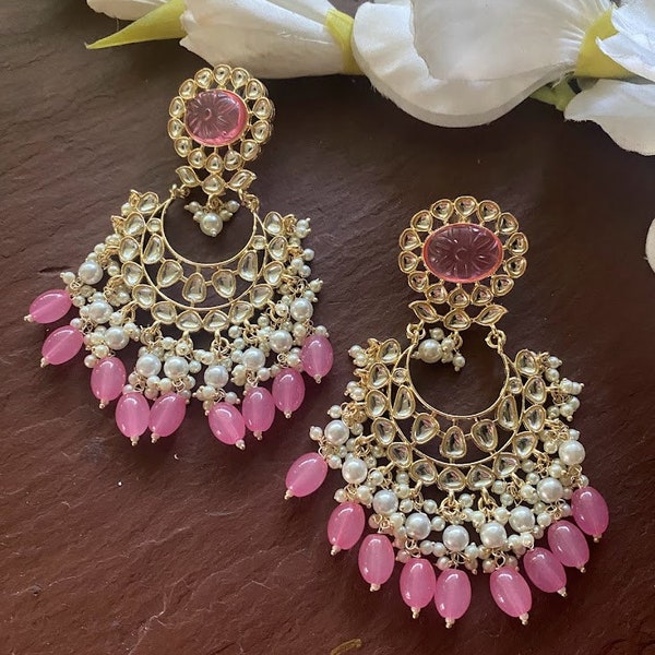 Boucles d'oreilles roses Kundan / Kundan Chandbalis / Boucles d'oreilles indiennes / Boucles d'oreilles roses / Boucles d'oreilles pakistanaises / Boucles d'oreilles bollywood / Bijoux indiens / Déclaration