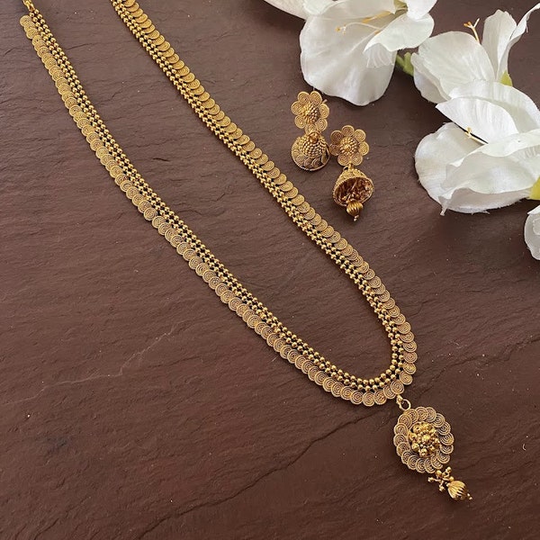 Long Antique  Gold Necklace/Indian Jewelry/ Indian Necklace/Temple Necklace/ long Necklace/ Indian Long Necklace Set/ Indian Wedding Jewelry