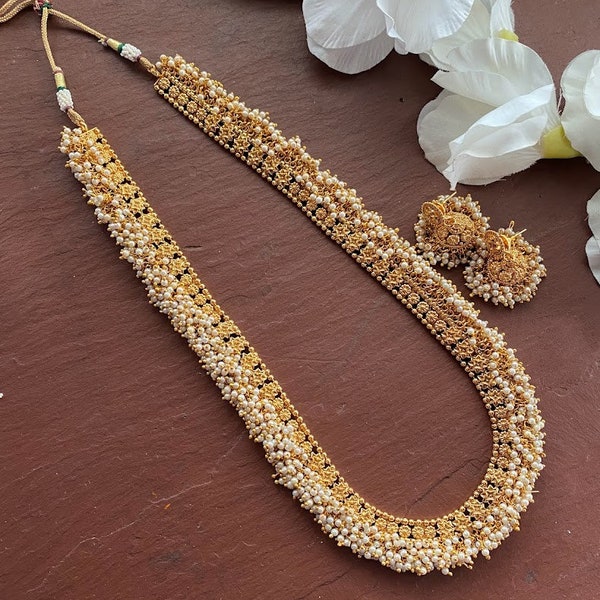 Long collier en guttapusalu/collier temple/collier long en or/collier indien/bijoux temple/bijoux indiens/Lakshmi long haaram/Amrapali