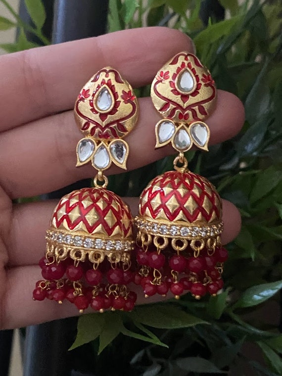 Red & Green Stone Pearls Jhumka Earrings, Jewellery, Earrings & Drops Free  Delivery India.