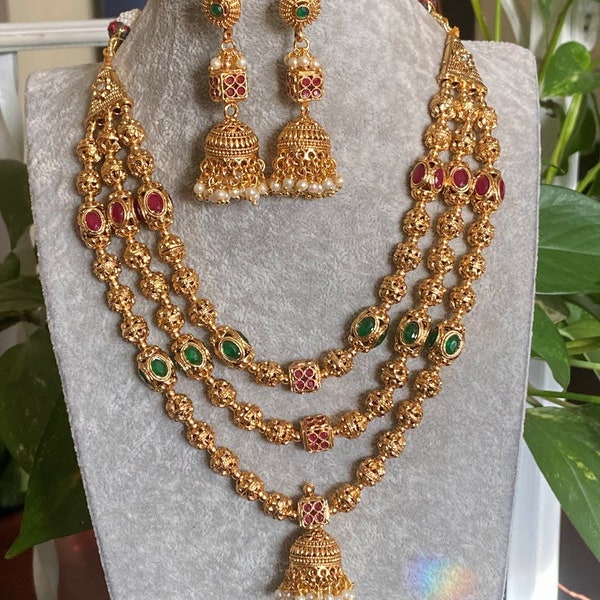 Gold Necklace/3 Layer Indian necklace /Matar Mala/ Gold Ball Necklace/Long Gold necklace/Beaded gold chain/Indian jewelry/Pakistani jewelry