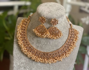 Parel choker/polki gouden choker ketting/Indiase choker/Zuid-Indiase sieraden/Indiase bruiloft sieraden/guttapusalu ketting/tempel sieraden
