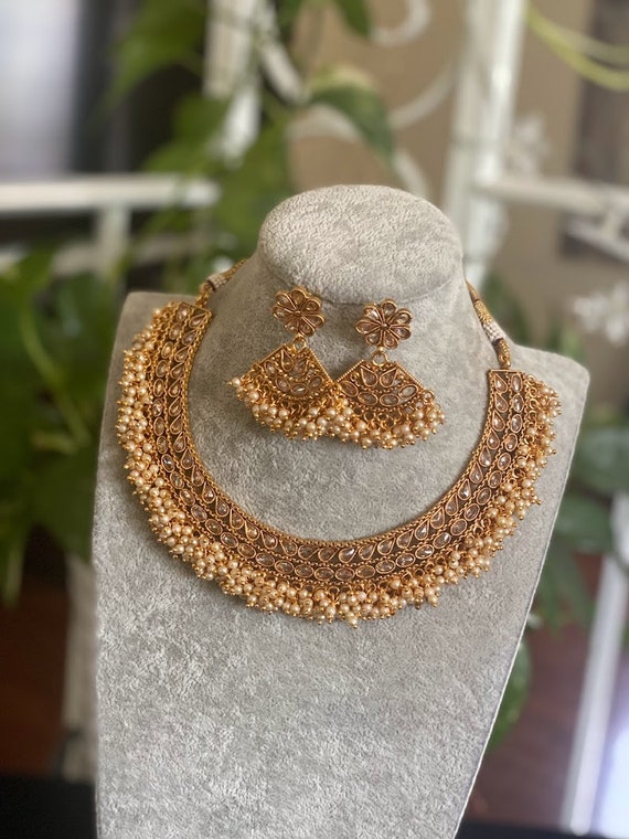 Raj Creations Gold Plated White Pearl Choker Necklace Set