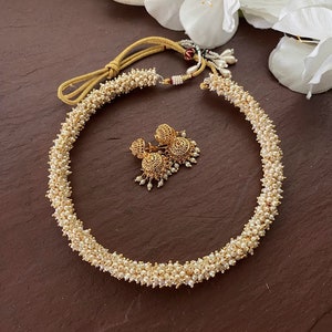 Gold Hasli Necklace /Indian Necklace Set/ Indian Choker Necklace/ Pearl Necklace /Guttapusalu necklace /Temple jewelry/ South Indian jewelry