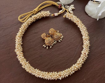 Gold Hasli Necklace /Indian Necklace Set/ Indian Choker Necklace/ Pearl Necklace /Guttapusalu necklace /Temple jewelry/ South Indian jewelry