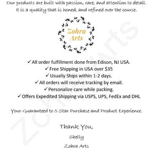 May include: White background with text and a floral wreath design. The text includes the brand name "Zohra Arts" and a message about product quality and customer service. The image also lists order fulfillment details.