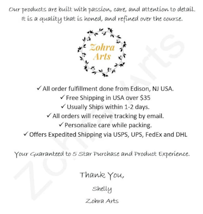 May include: White background with text and a floral wreath design. The text includes the brand name "Zohra Arts" and a message about product quality and customer service. The image also lists order fulfillment details.