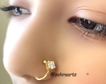 Anillo nasal falso de oro con circonita cúbica: aro nasal indio sin perforación con clip