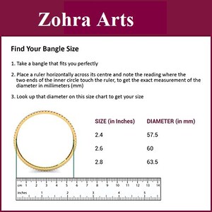 May include: A chart showing bangle sizes in inches and millimeters. The chart includes a ruler with markings in centimeters and inches. The chart also includes a diagram of a bangle with a diameter of 60 mm.