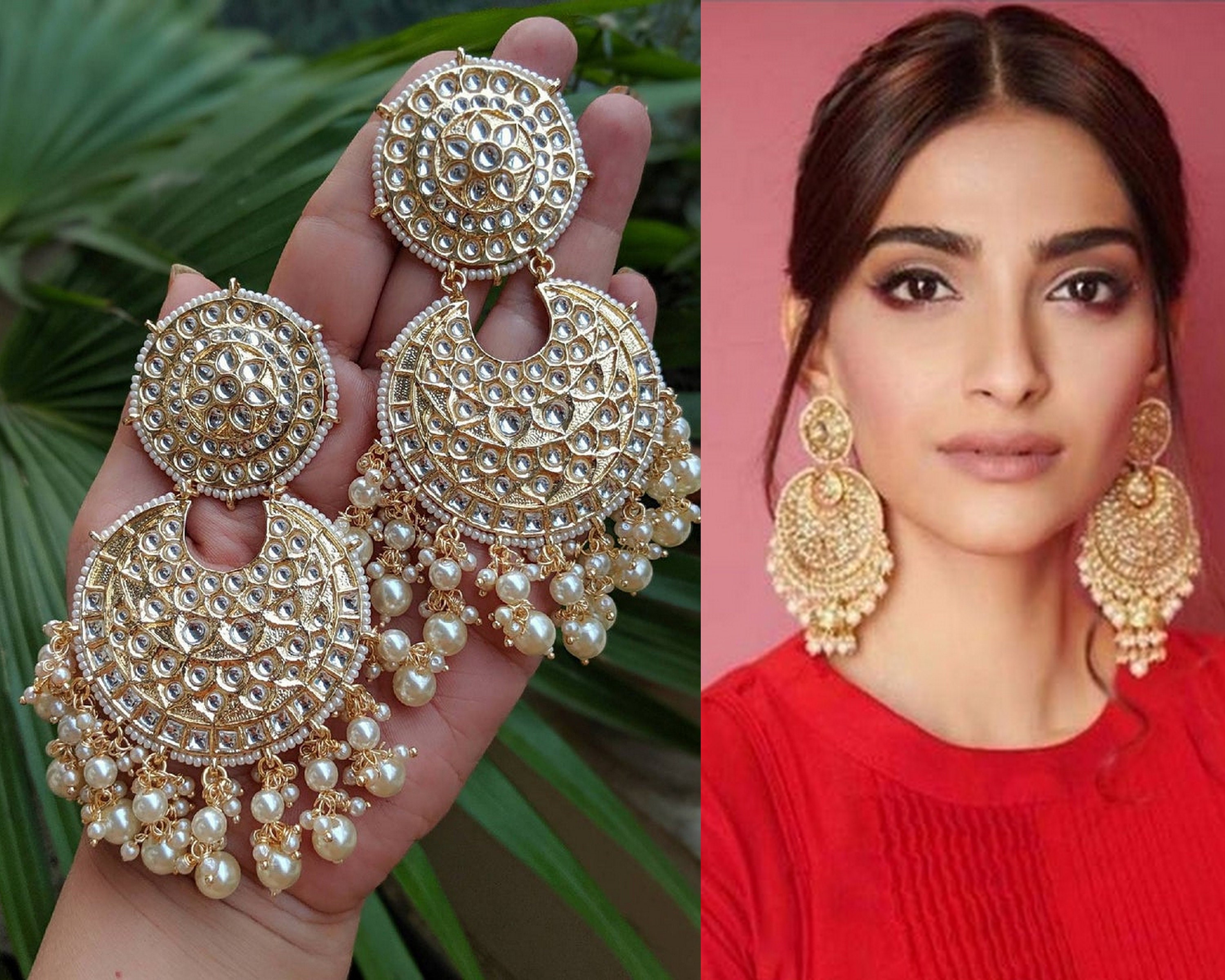 Sonam kapoor earrings/Kundan earrings with tikka/ Matte gold | Etsy