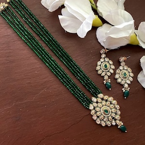 Green Polki Necklace| Indian Long Necklace | Pakistani Jewelry |Kundan Long Necklace Mala |Indian Jewelry| Ruby semiprecious beads Necklace|