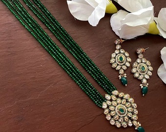 Green Polki Necklace| Indian Long Necklace | Pakistani Jewelry |Kundan Long Necklace Mala |Indian Jewelry| Ruby semiprecious beads Necklace|